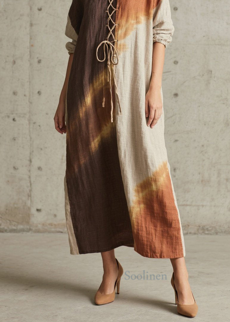 Chic Colorblock O Neck Lace Up Cotton Long Dress Fall