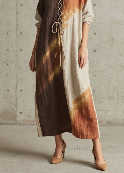 Chic Colorblock O Neck Lace Up Cotton Long Dress Fall
