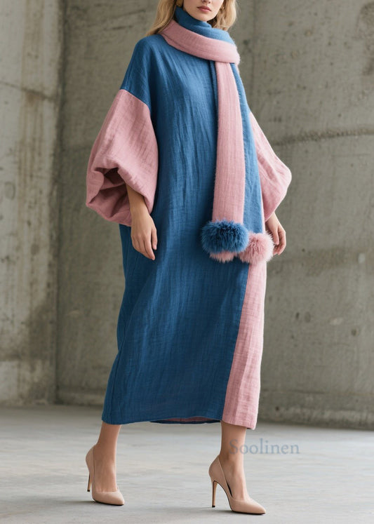 Chic Colorblock O Neck Patchwork Cotton Robe Dresses Fall