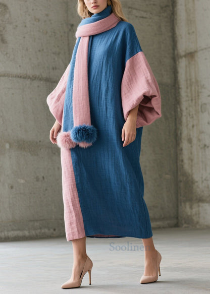 Chic Colorblock O Neck Patchwork Cotton Robe Dresses Fall