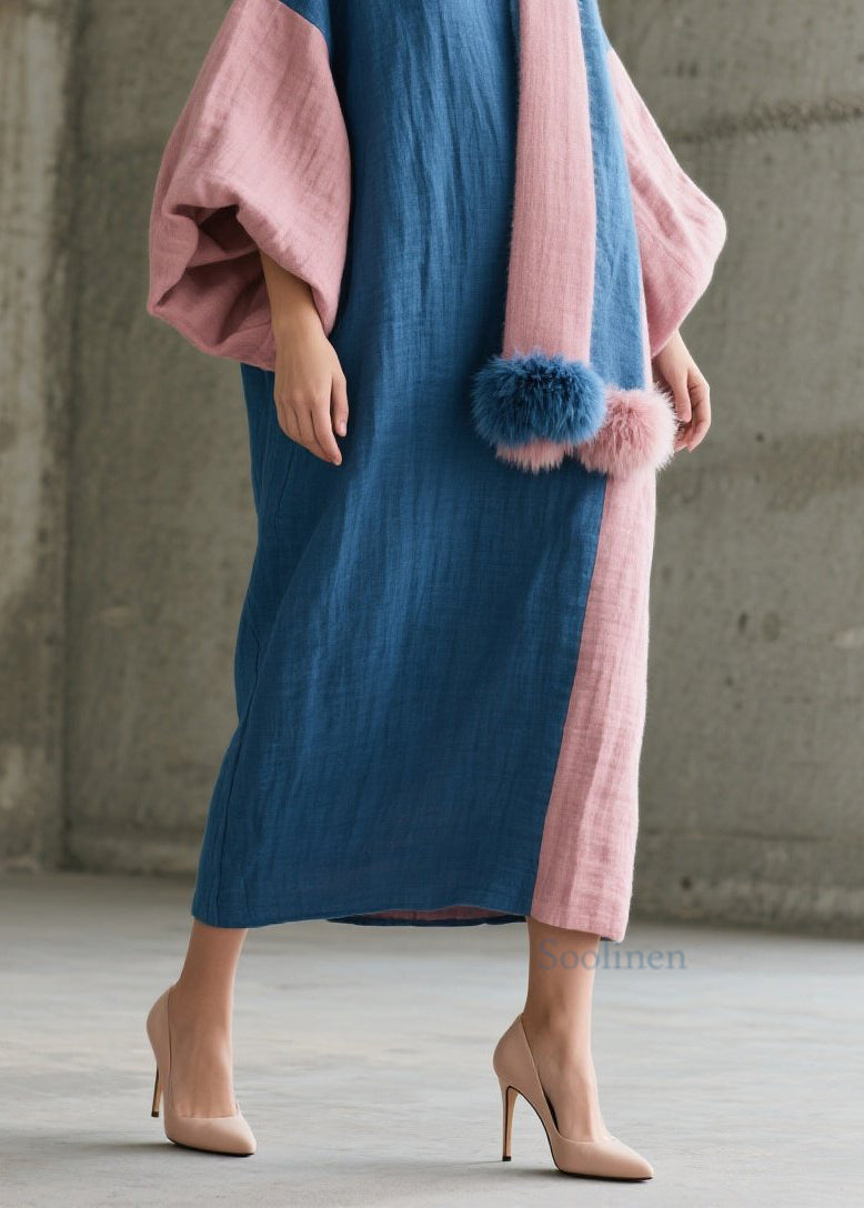 Chic Colorblock O Neck Patchwork Cotton Robe Dresses Fall