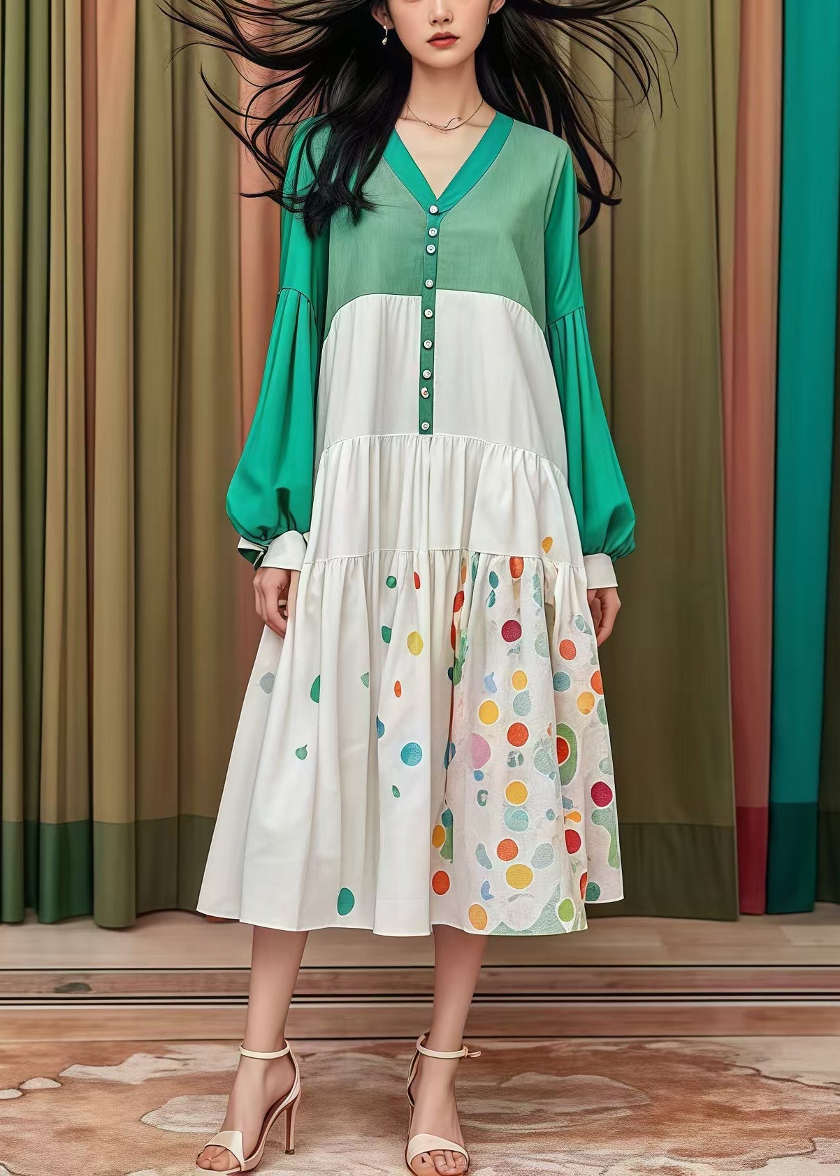 Chic Colorblock Oversized Patchwork Cotton Holiday Dress Fall