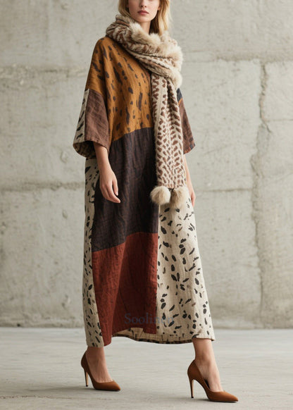 Chic Colorblock Oversized Print Cotton Dress Bracelet Sleeve