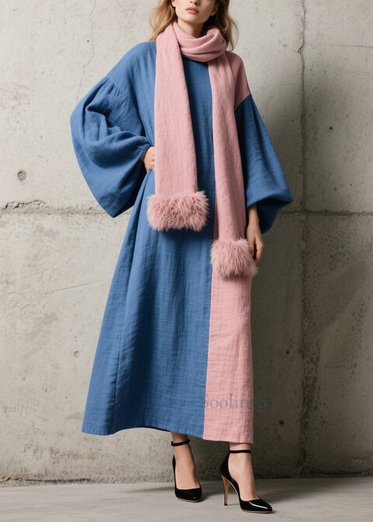 Chic Colorblock Patchwork Cotton Ankle Dress Lantern Sleeve