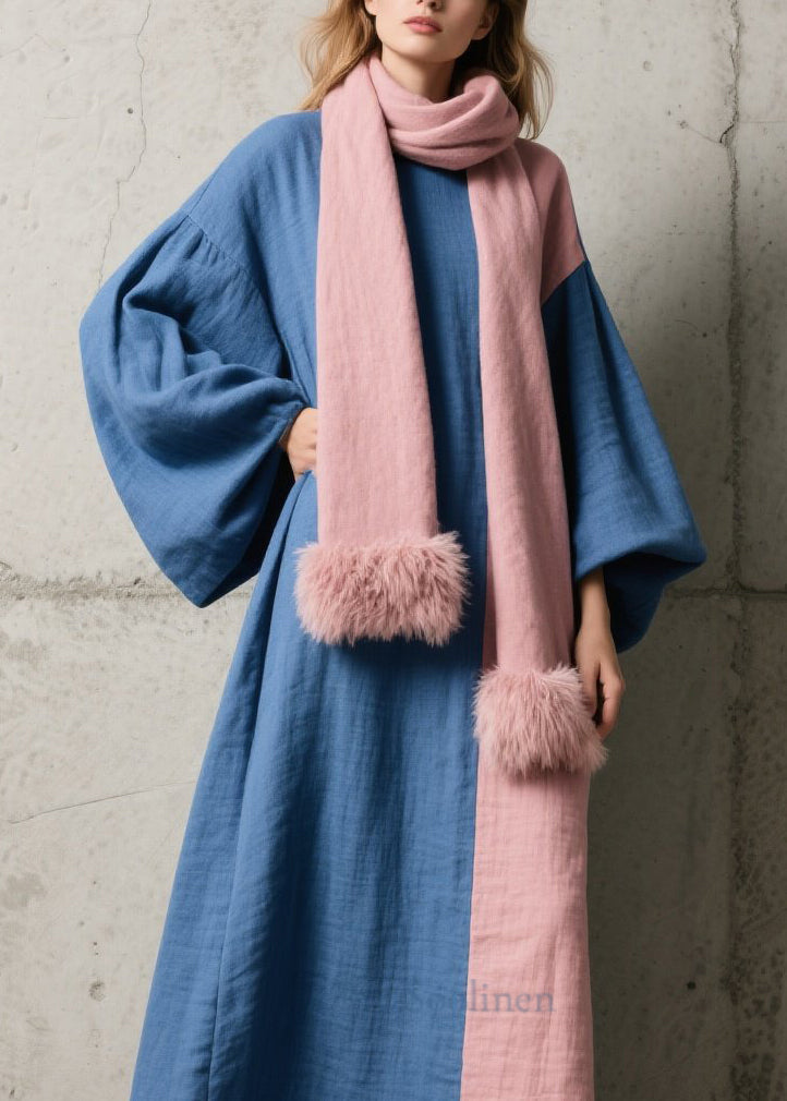 Chic Colorblock Patchwork Cotton Ankle Dress Lantern Sleeve