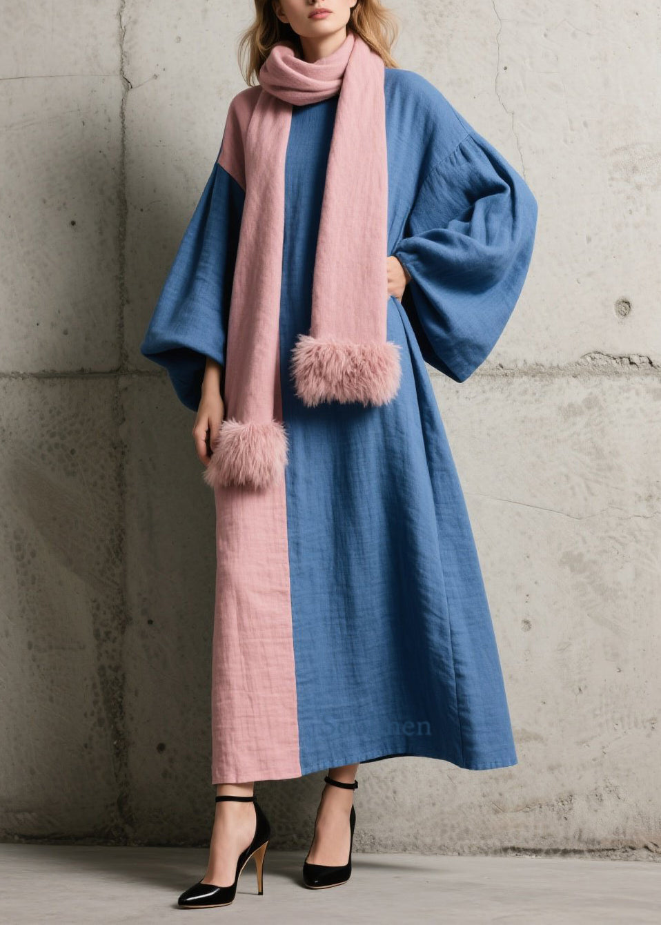 Chic Colorblock Patchwork Cotton Ankle Dress Lantern Sleeve