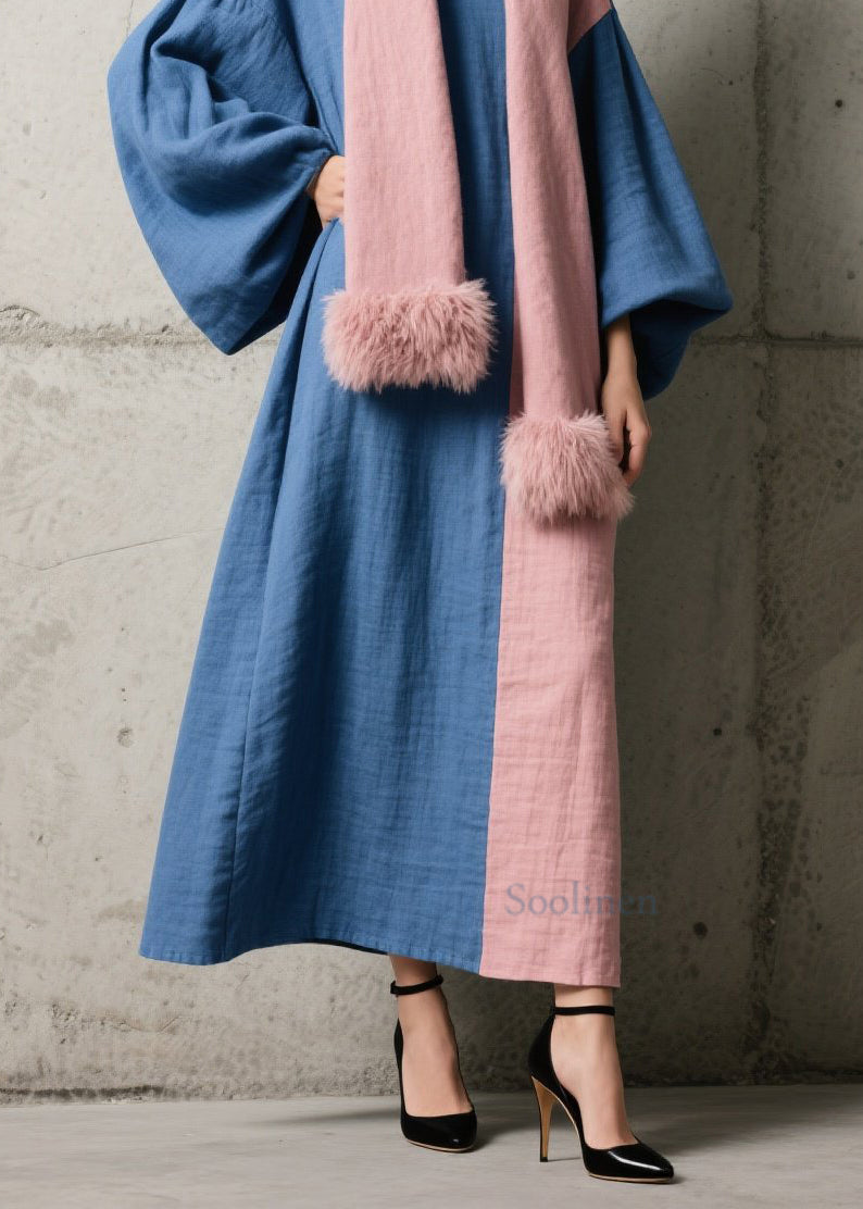 Chic Colorblock Patchwork Cotton Ankle Dress Lantern Sleeve