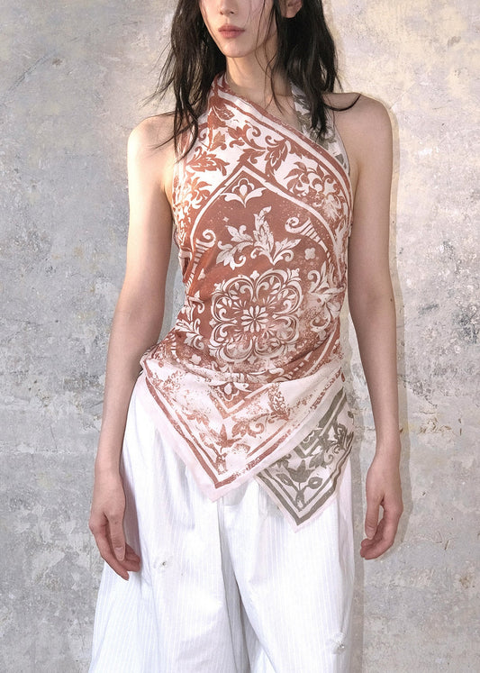 Chic Colorblock Print Cotton Halter Tops Summer