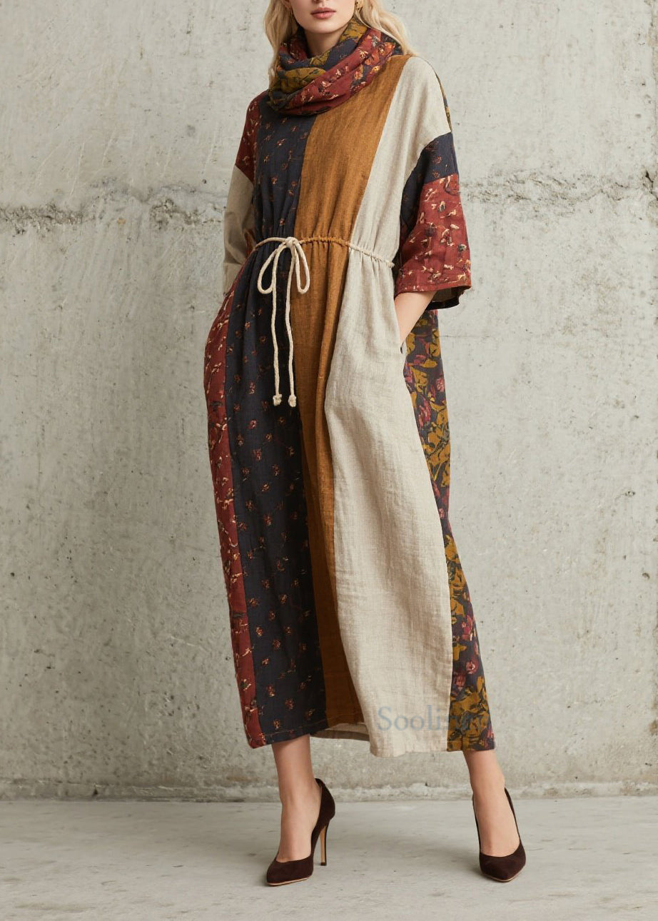 Chic Colorblock Print Lace Up Cotton Dress Summer