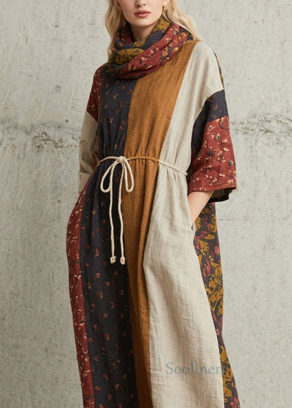 Chic Colorblock Print Lace Up Cotton Dress Summer