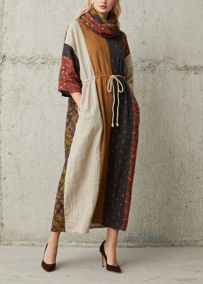 Chic Colorblock Print Lace Up Cotton Dress Summer