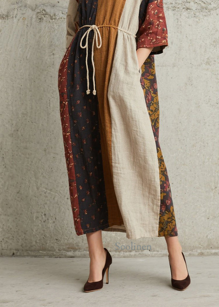 Chic Colorblock Print Lace Up Cotton Dress Summer