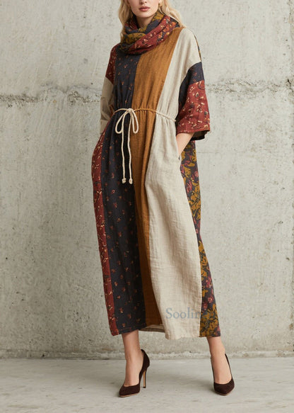 Chic Colorblock Print Lace Up Cotton Dress Summer