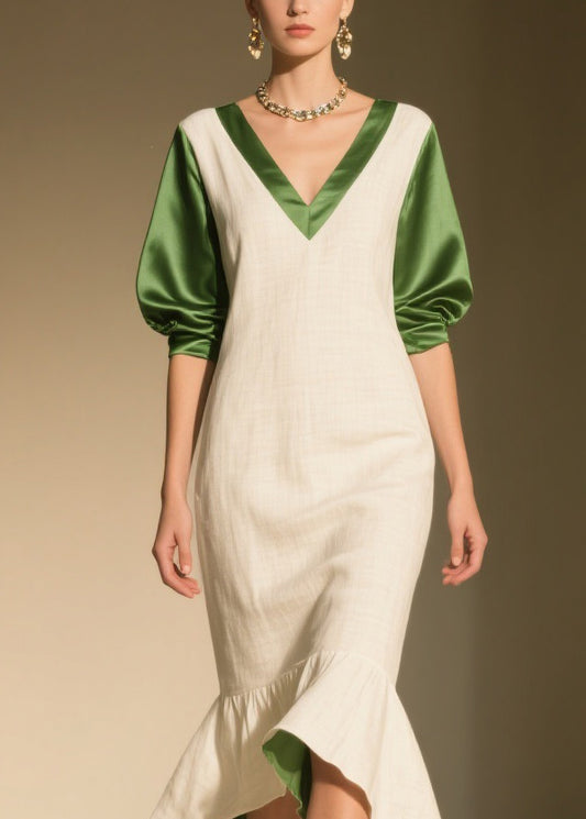 Chic Colorblock Ruffled Patchwork Linen Silk Dress Summer