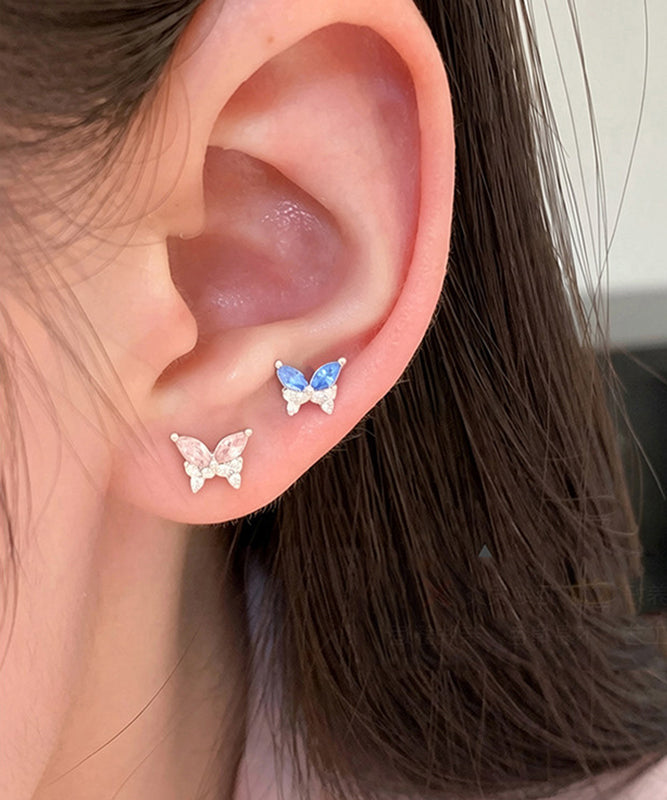 Chic Colorblock Stainless Steel Zircon Butterfly Stud Earrings