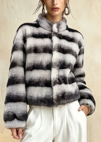 Chic Colorblock Stand Collar Faux Fur Short Coat Winter