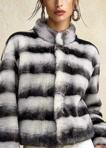 Chic Colorblock Stand Collar Faux Fur Short Coat Winter