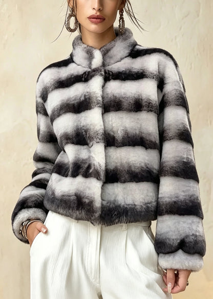 Chic Colorblock Stand Collar Faux Fur Short Coat Winter