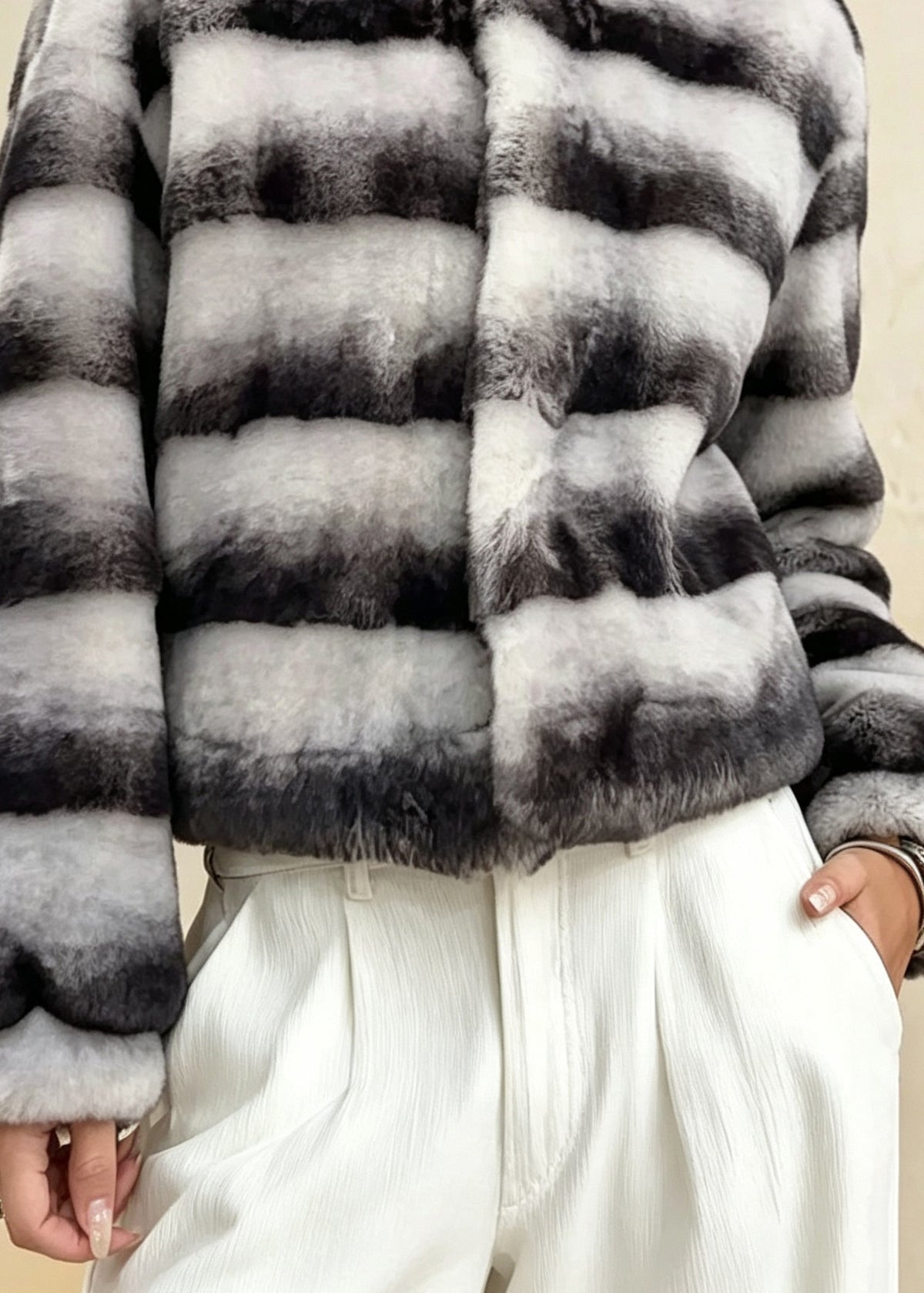 Chic Colorblock Stand Collar Faux Fur Short Coat Winter