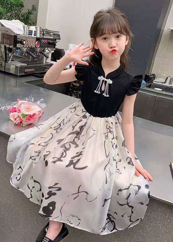 Chic Colorblock Stand Collar Print Kids Maxi Dress Short Sleeve