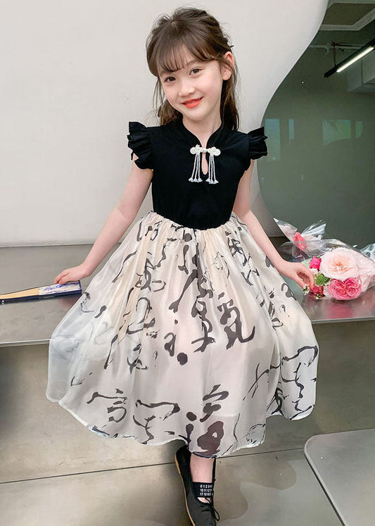 Chic Colorblock Stand Collar Print Kids Maxi Dress Short Sleeve