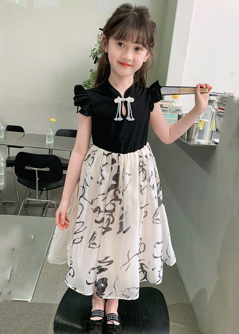 Chic Colorblock Stand Collar Print Kids Maxi Dress Short Sleeve