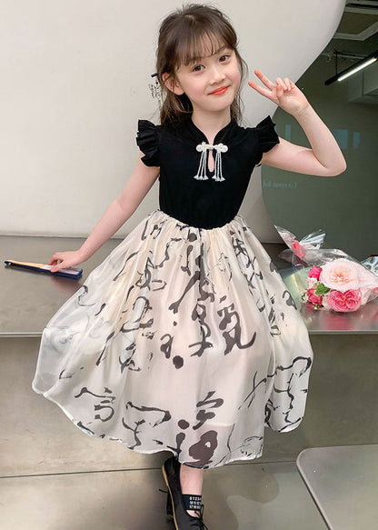 Chic Colorblock Stand Collar Print Kids Maxi Dress Short Sleeve