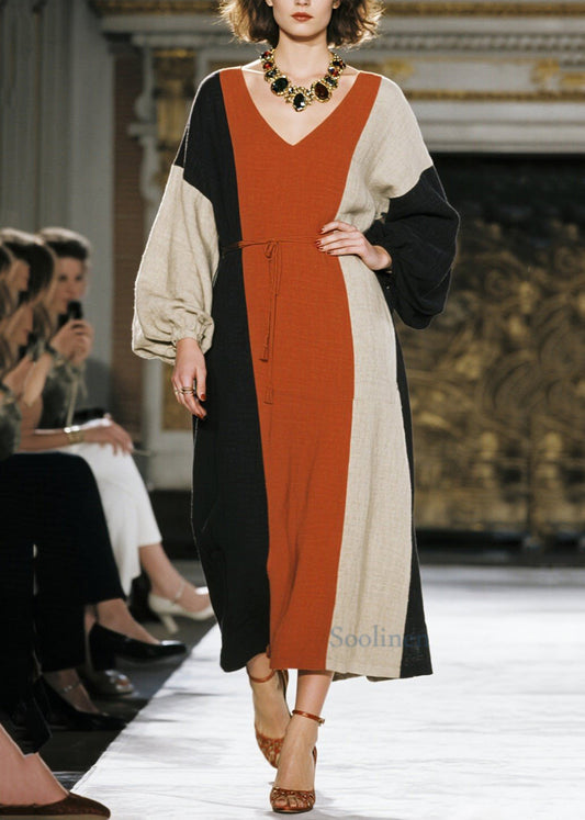 Chic Colorblock Tie Waist Asymmetrical Design Cotton Dresses Spring