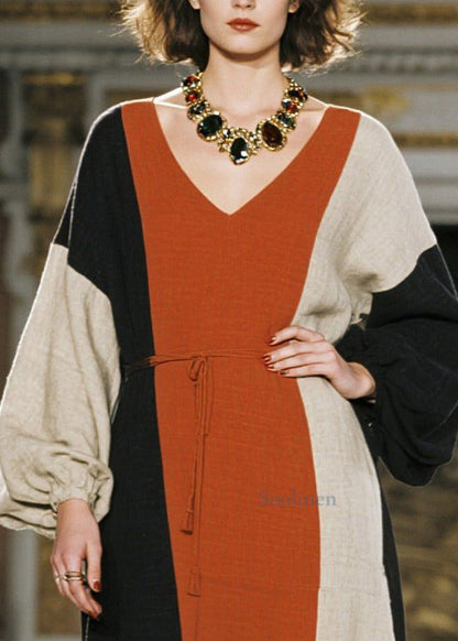 Chic Colorblock Tie Waist Asymmetrical Design Cotton Dresses Spring