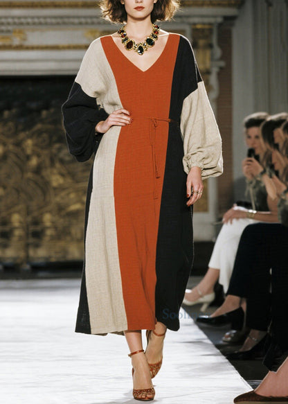 Chic Colorblock Tie Waist Asymmetrical Design Cotton Dresses Spring