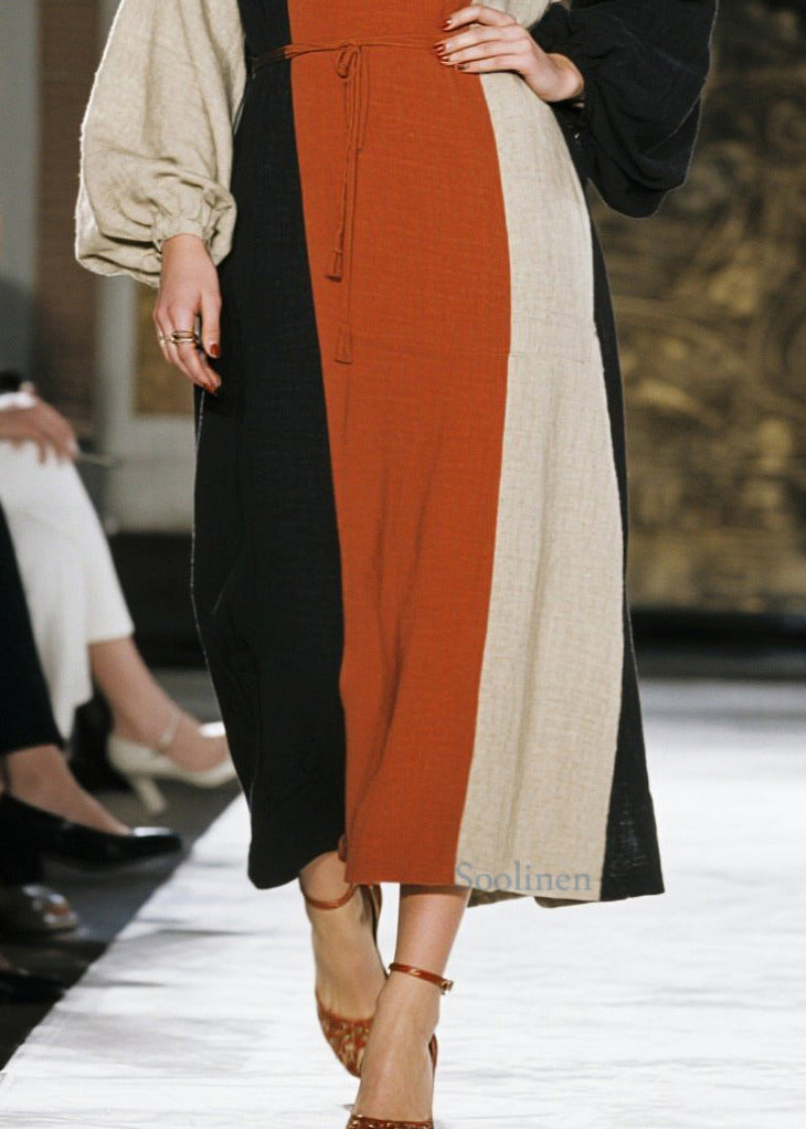 Chic Colorblock Tie Waist Asymmetrical Design Cotton Dresses Spring