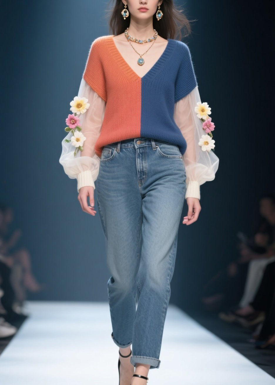 Chic Colorblock Tulle Floral Patchwork Knitted Sweater Fall