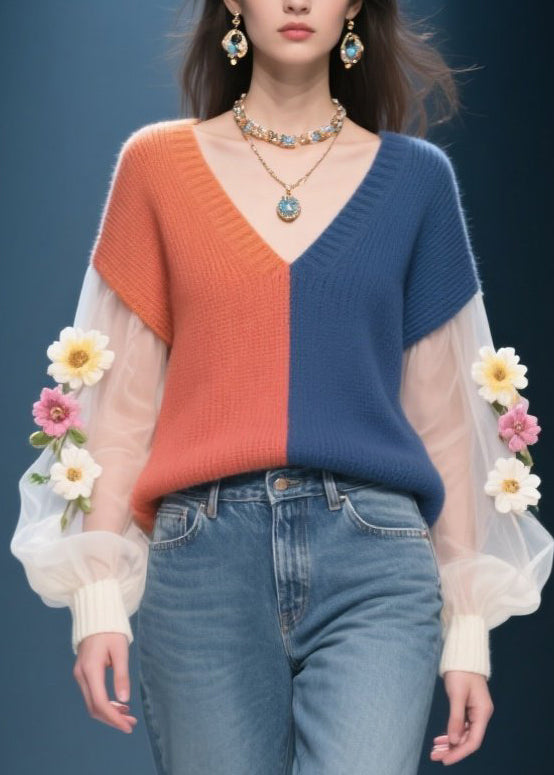Chic Colorblock Tulle Floral Patchwork Knitted Sweater Fall