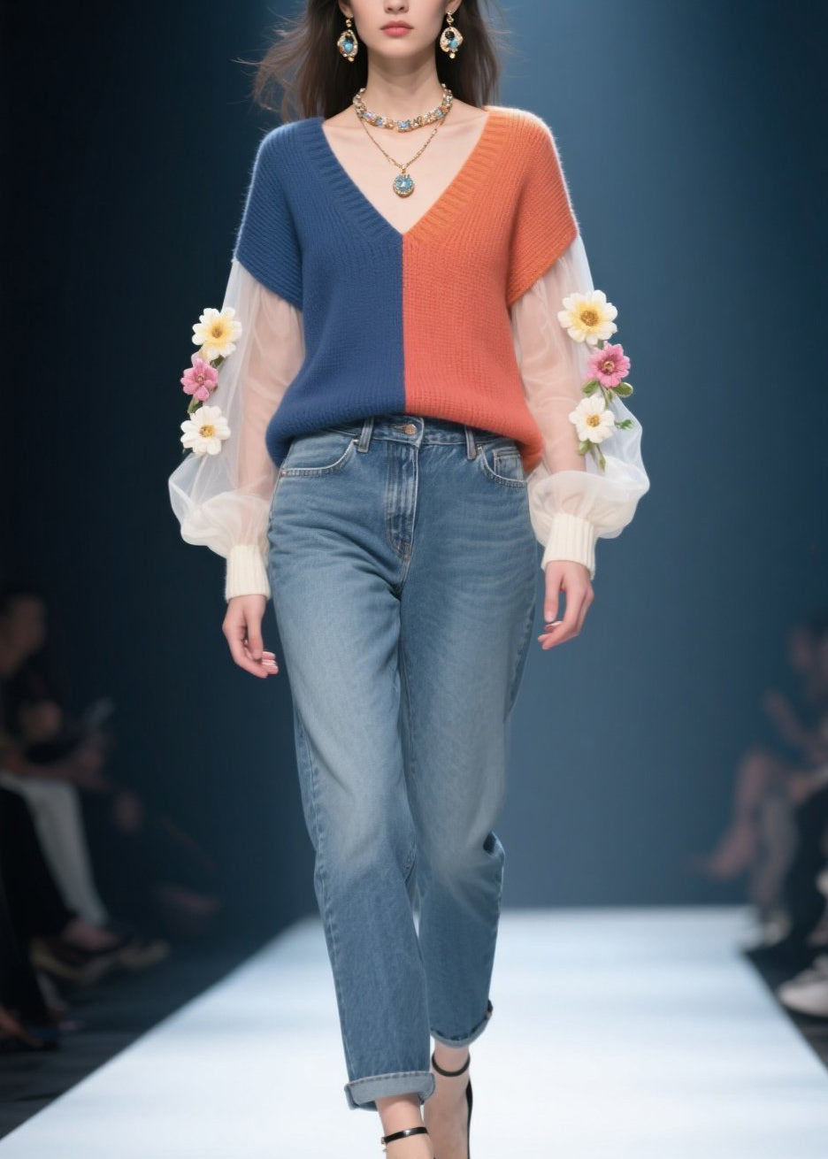 Chic Colorblock Tulle Floral Patchwork Knitted Sweater Fall