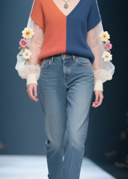 Chic Colorblock Tulle Floral Patchwork Knitted Sweater Fall