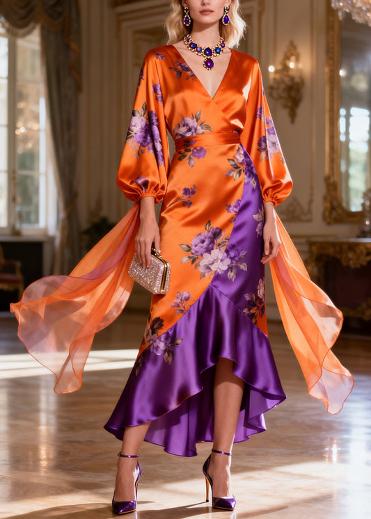 Chic Colorblock V Neck Asymmetrical Design Patchwork Silk Dress Summer