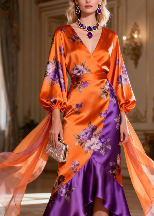 Chic Colorblock V Neck Asymmetrical Design Patchwork Silk Dress Summer