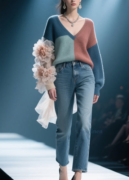 Chic Colorblock V Neck Floral Knit Pullover Fall