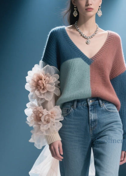 Chic Colorblock V Neck Floral Knit Pullover Fall