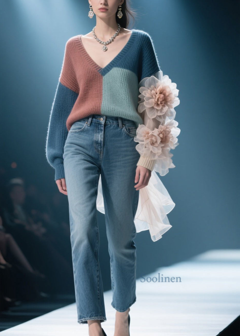 Chic Colorblock V Neck Floral Knit Pullover Fall