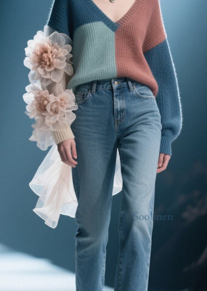 Chic Colorblock V Neck Floral Knit Pullover Fall