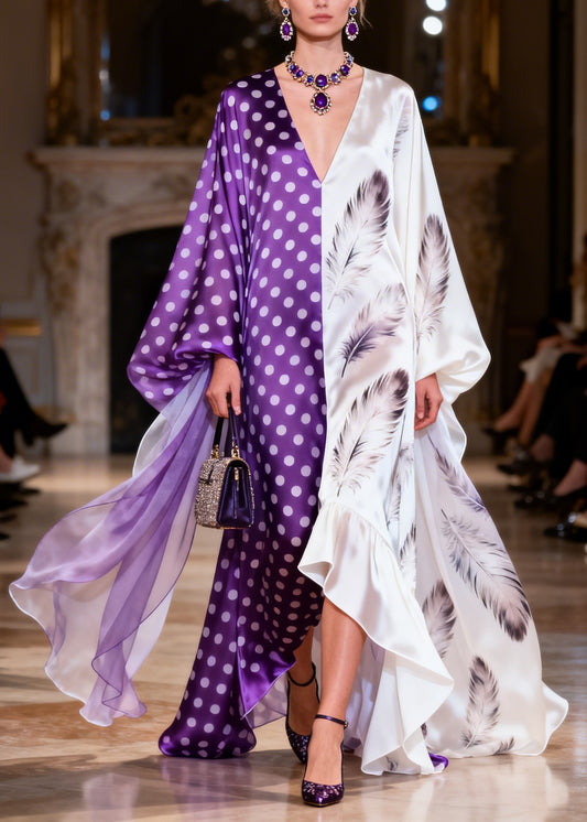 Chic Colorblock V Neck Ruffled Print Patchwork Silk Dresses Summer