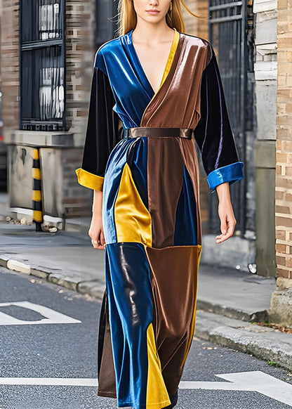 Chic Colorblock V Neck Sashes Patchwork Velvet Long Dresses Fall