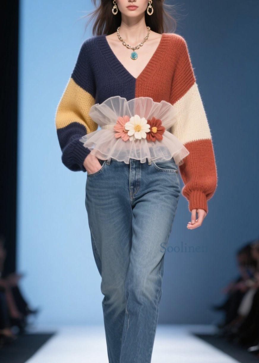Chic Colorblock V Neck Tulle Ruffled Floral Knit Pullover Fall