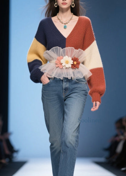 Chic Colorblock V Neck Tulle Ruffled Floral Knit Pullover Fall