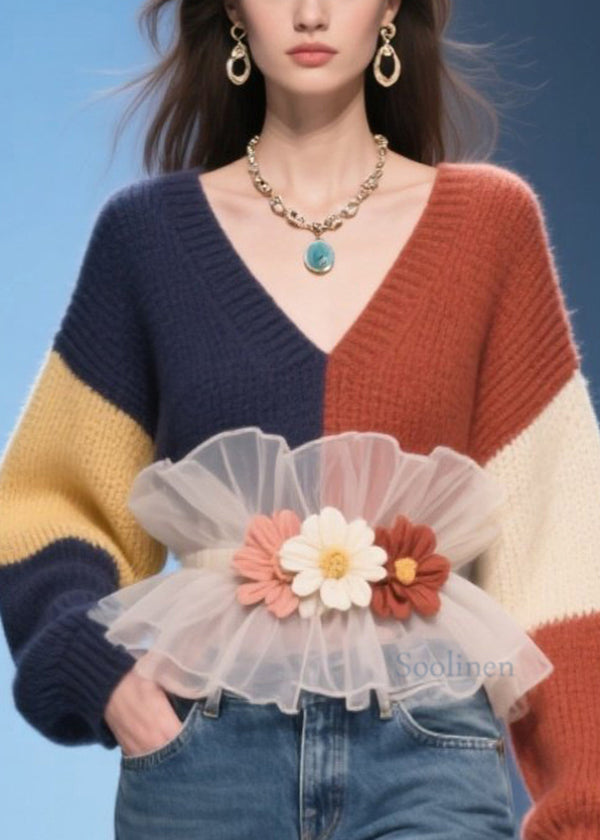 Chic Colorblock V Neck Tulle Ruffled Floral Knit Pullover Fall