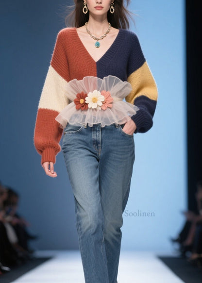 Chic Colorblock V Neck Tulle Ruffled Floral Knit Pullover Fall