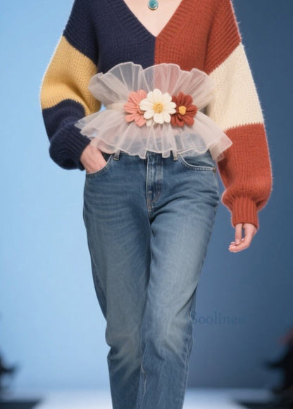 Chic Colorblock V Neck Tulle Ruffled Floral Knit Pullover Fall