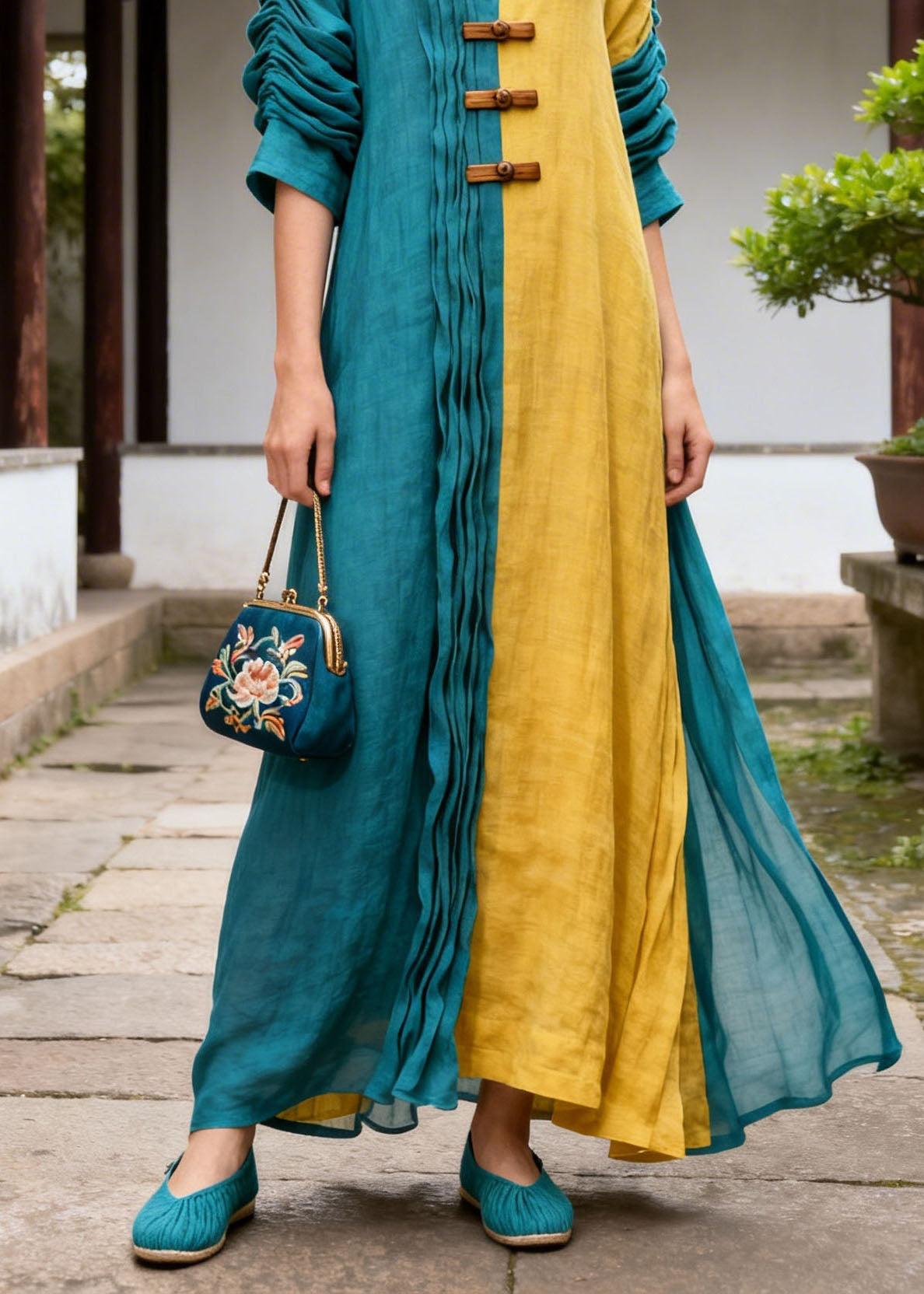 Chic Colorblock V Neck Wrinkled Patchwork Cotton Long Dress Summer