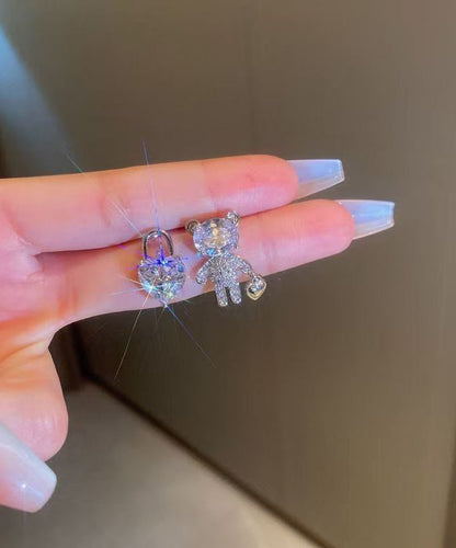 Chic Copper Zircon Asymmetrical Little Bear Love Lock Stud Earrings
